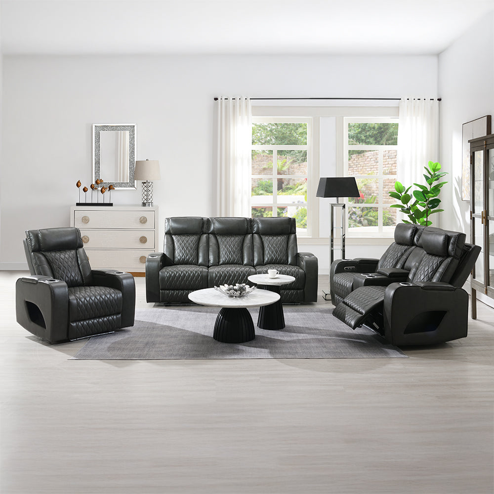 Taddeo Dark Gray Leatherette Power Motion Sofa w/Dropdown Table - Ornate Home