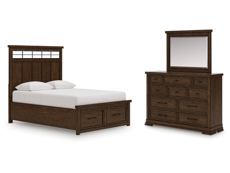 Taffenbrook Medium Brown Queen Panel Storage Bed, Dresser and Mirror - Ornate Home