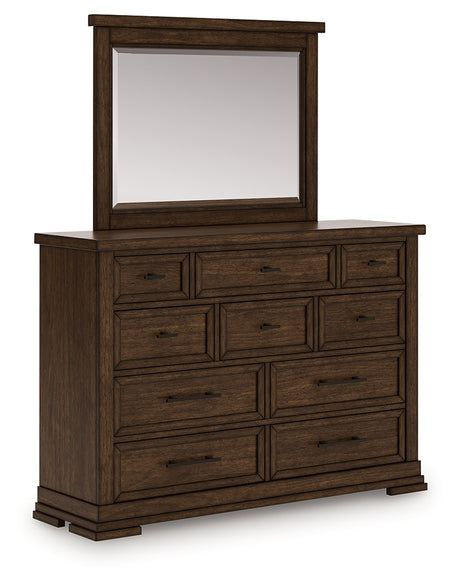 Taffenbrook Medium Brown Queen Panel Storage Bed, Dresser and Mirror - Ornate Home
