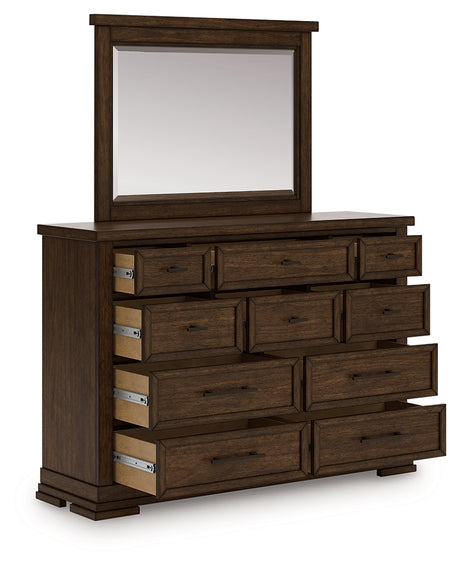 Taffenbrook Medium Brown Queen Panel Storage Bed, Dresser and Mirror - Ornate Home