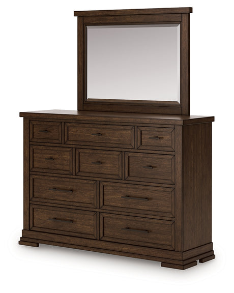 Taffenbrook Medium Brown Queen Panel Storage Bed, Dresser and Mirror - Ornate Home