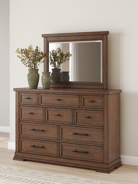 Taffenbrook Medium Brown Queen Panel Storage Bed, Dresser and Mirror - Ornate Home