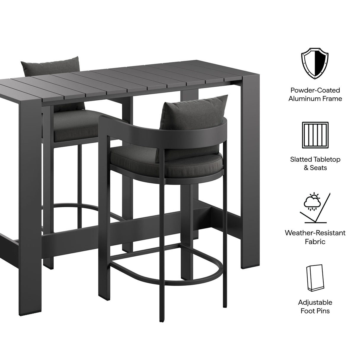 Tahoe Charcoal 3-Piece Outdoor Patio Aluminum Bar Table Set - Ornate Home