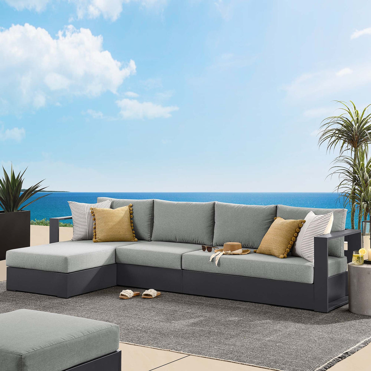 Tahoe Gray 3-Piece Outdoor Patio Powder-Coated Aluminum Left-Facing Chaise Sectional Sofa Set - Ornate Home