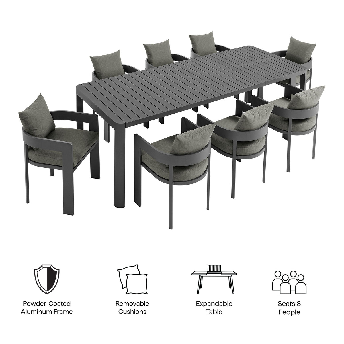Tahoe Gray/Charcoal 9-Piece Outdoor Patio Aluminum Dining Set With Extendable Table - Ornate Home