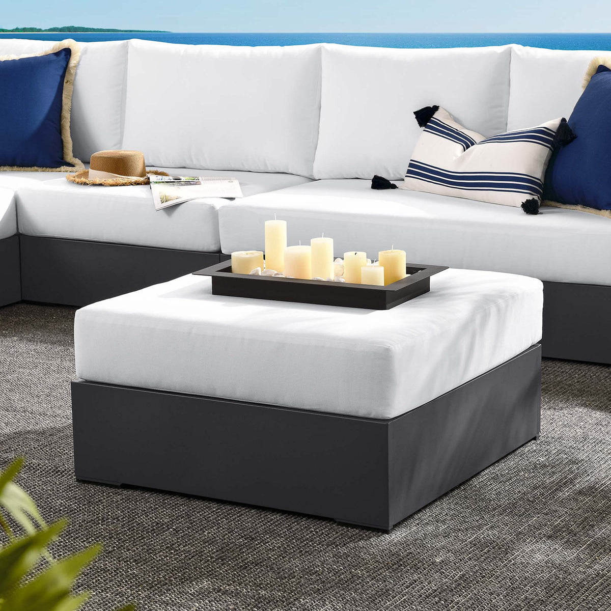 Tahoe Gray/White Outdoor Patio Powder-Coated Aluminum Ottoman - Ornate Home