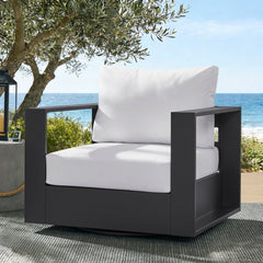Tahoe Gray/White Outdoor Patio Powder-Coated Aluminum Swivel Armchair - Ornate Home