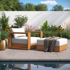 Tahoe Natural/Light Gray 2-Piece Outdoor Patio Acacia Wood Armchair and Ottoman Set - Ornate Home