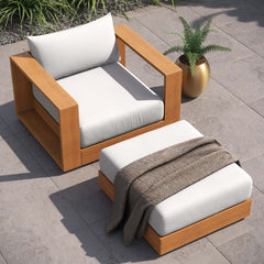 Tahoe Natural/Light Gray 2-Piece Outdoor Patio Acacia Wood Armchair and Ottoman Set - Ornate Home