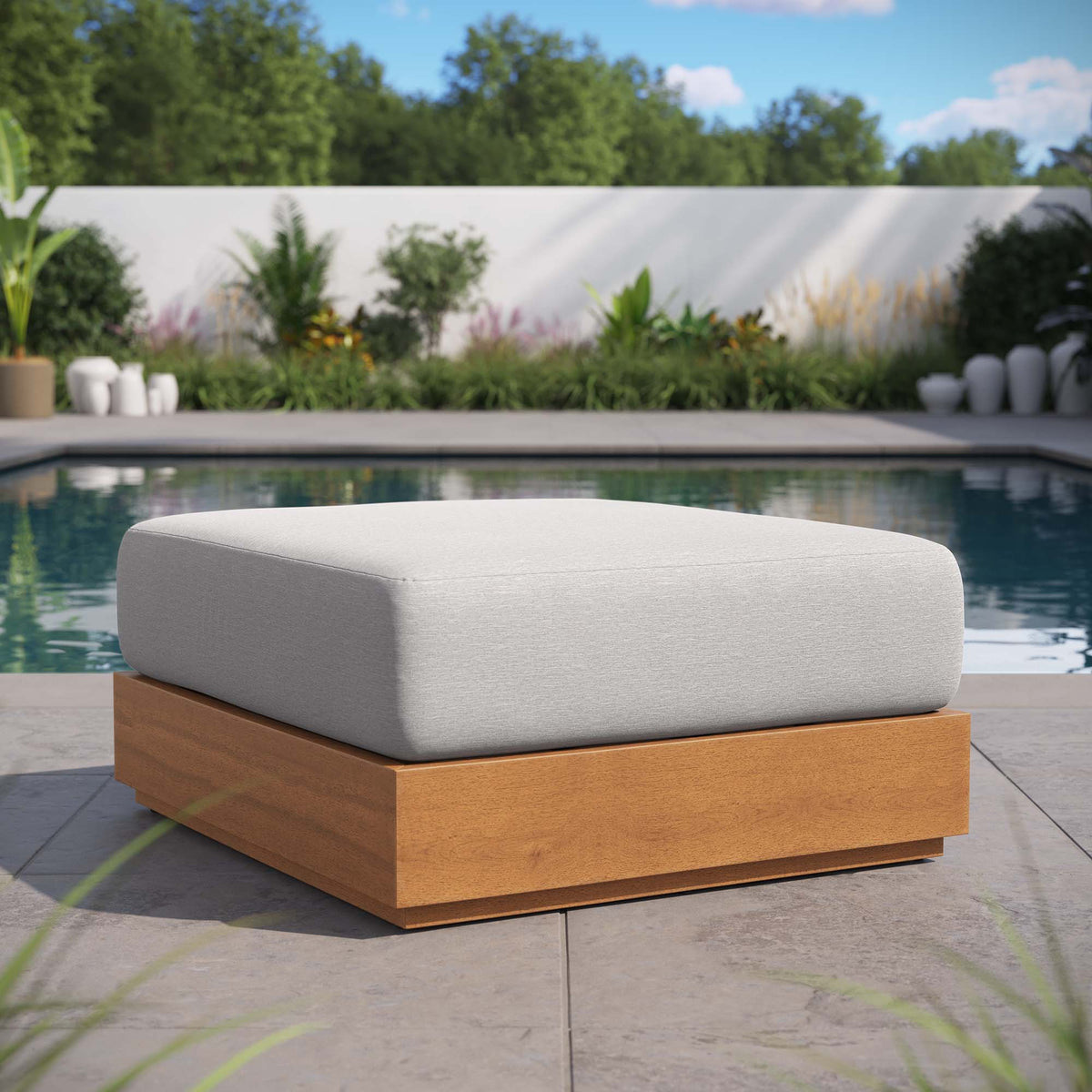 Tahoe Natural/Light Gray Outdoor Patio Acacia Wood Ottoman - Ornate Home