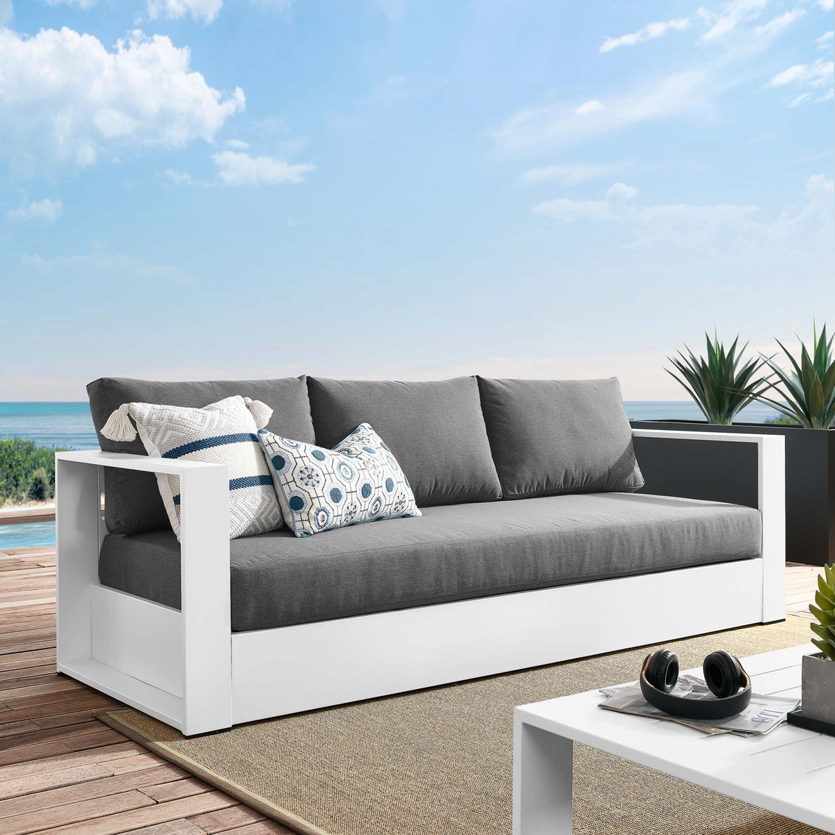 Tahoe White/Charcoal Outdoor Patio Powder-Coated Aluminum Sofa - Ornate Home