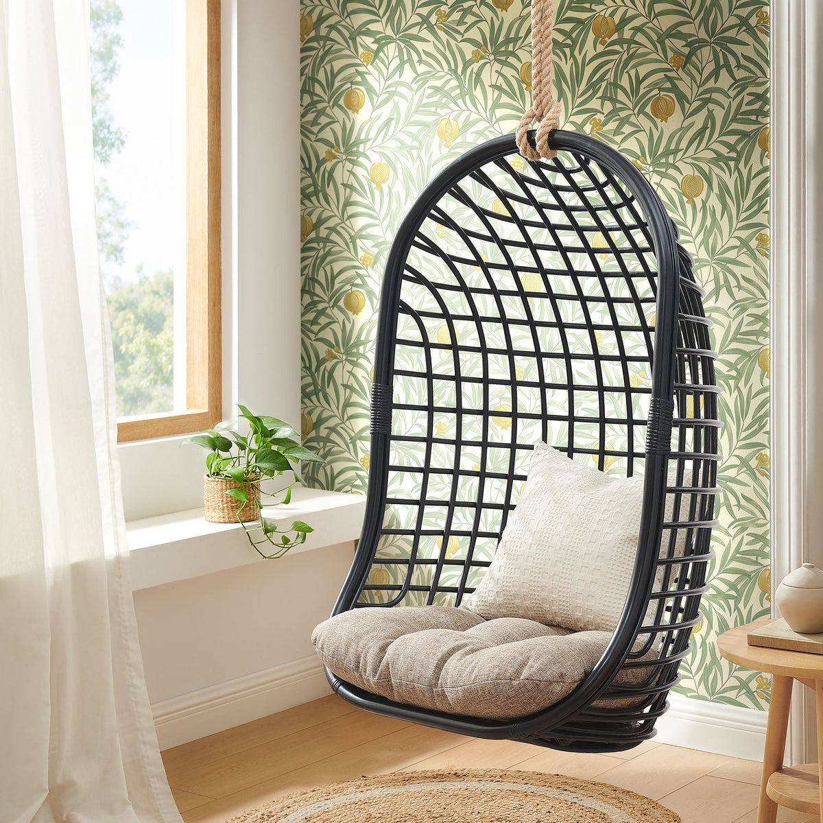 Tamsin Black Tan Open Grid Weave Natural Rattan Hanging Chair