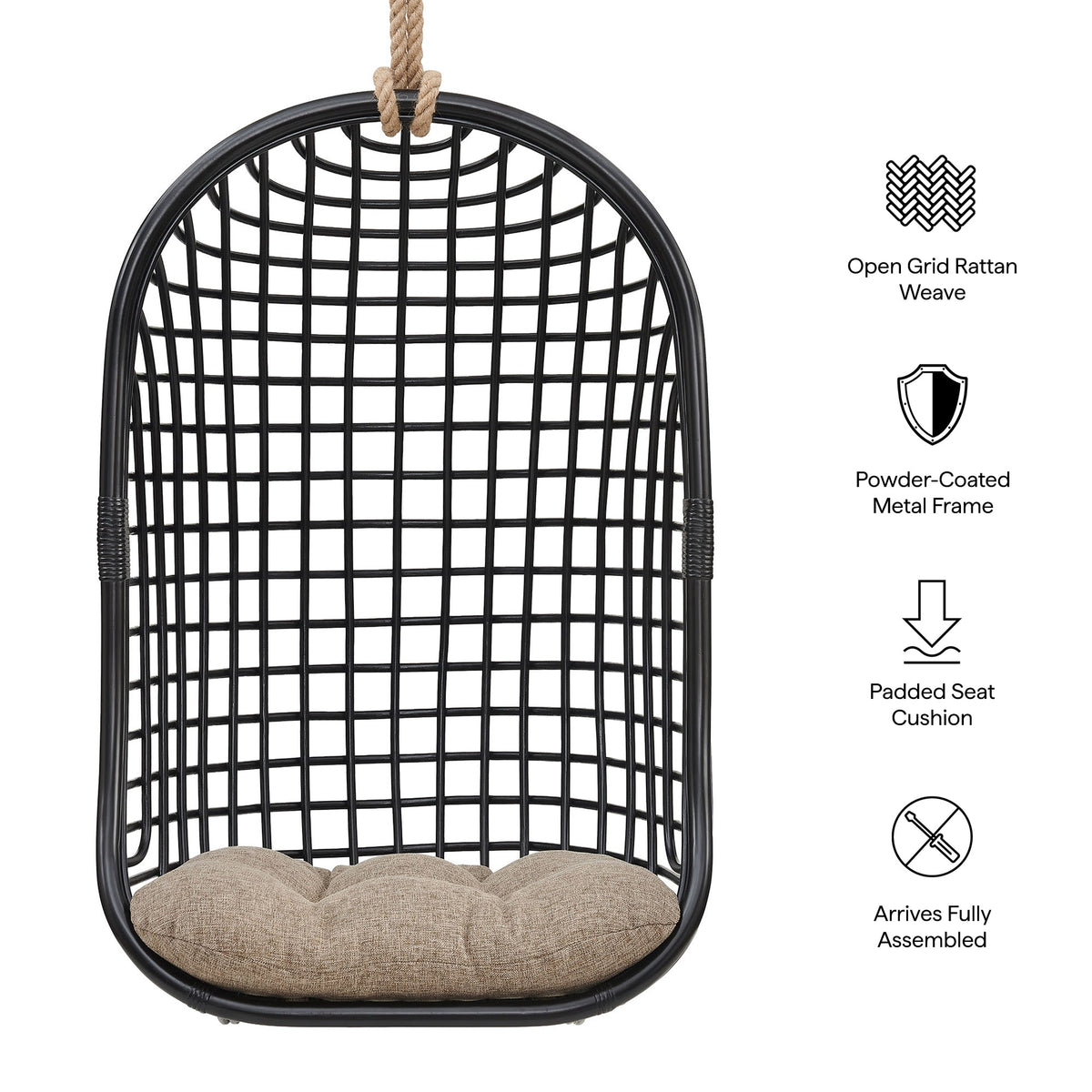 Tamsin Black Tan Open Grid Weave Natural Rattan Hanging Chair
