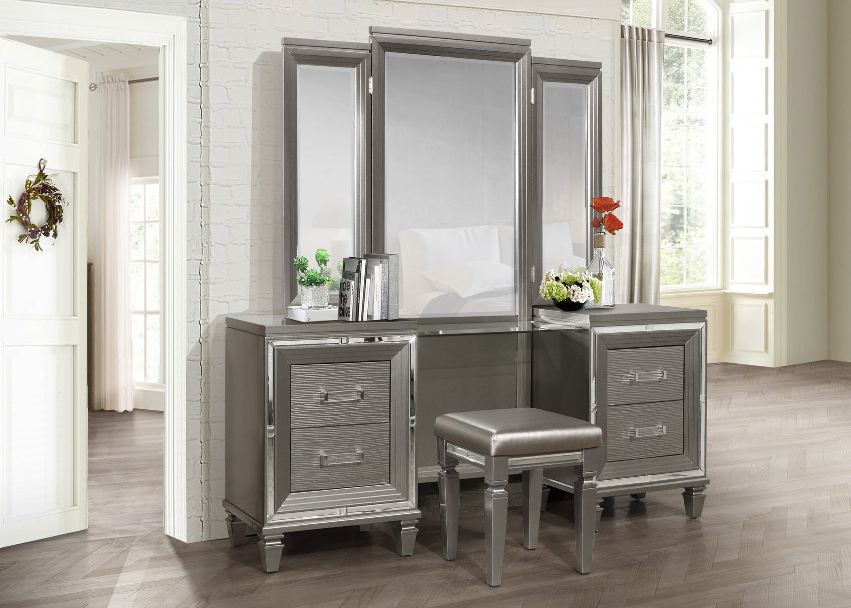 Tamsin Silver-Gray Vanity Dresser with Mirror - Ornate Home
