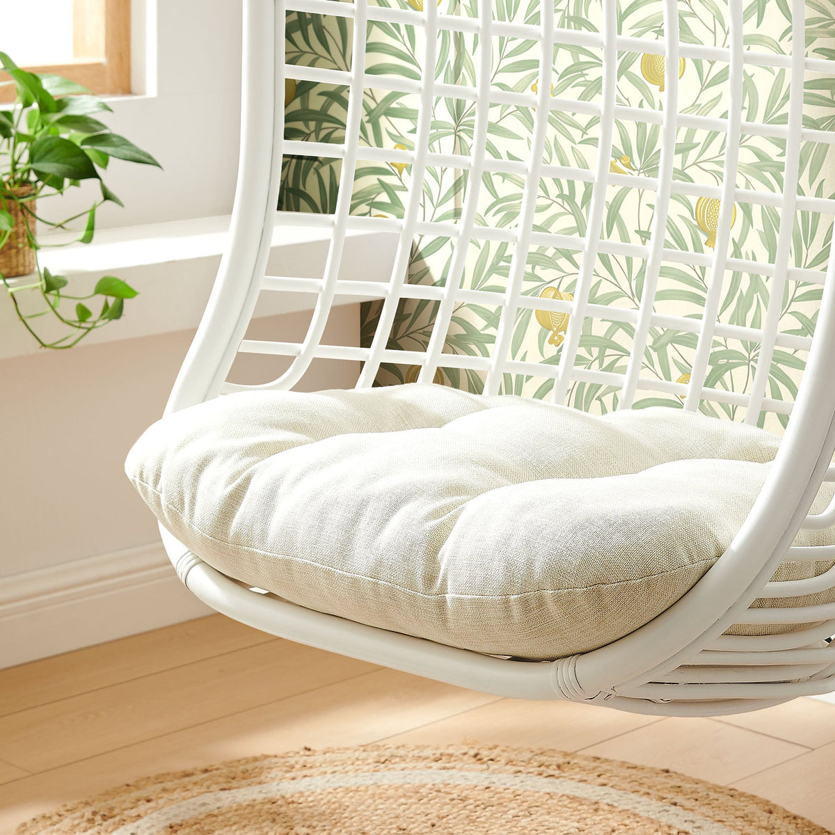 Tamsin White Light Beige Open Grid Weave Natural Rattan Hanging Chair