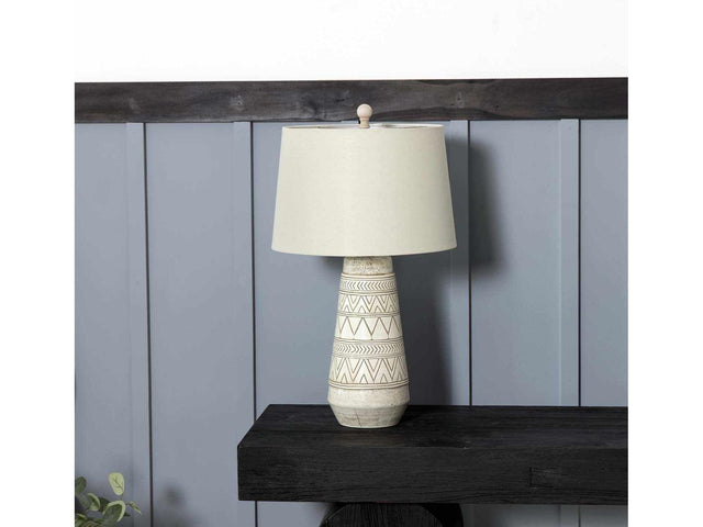 Tan and Cream Resin Lamp with White Linen Table Lamp - Ornate Home