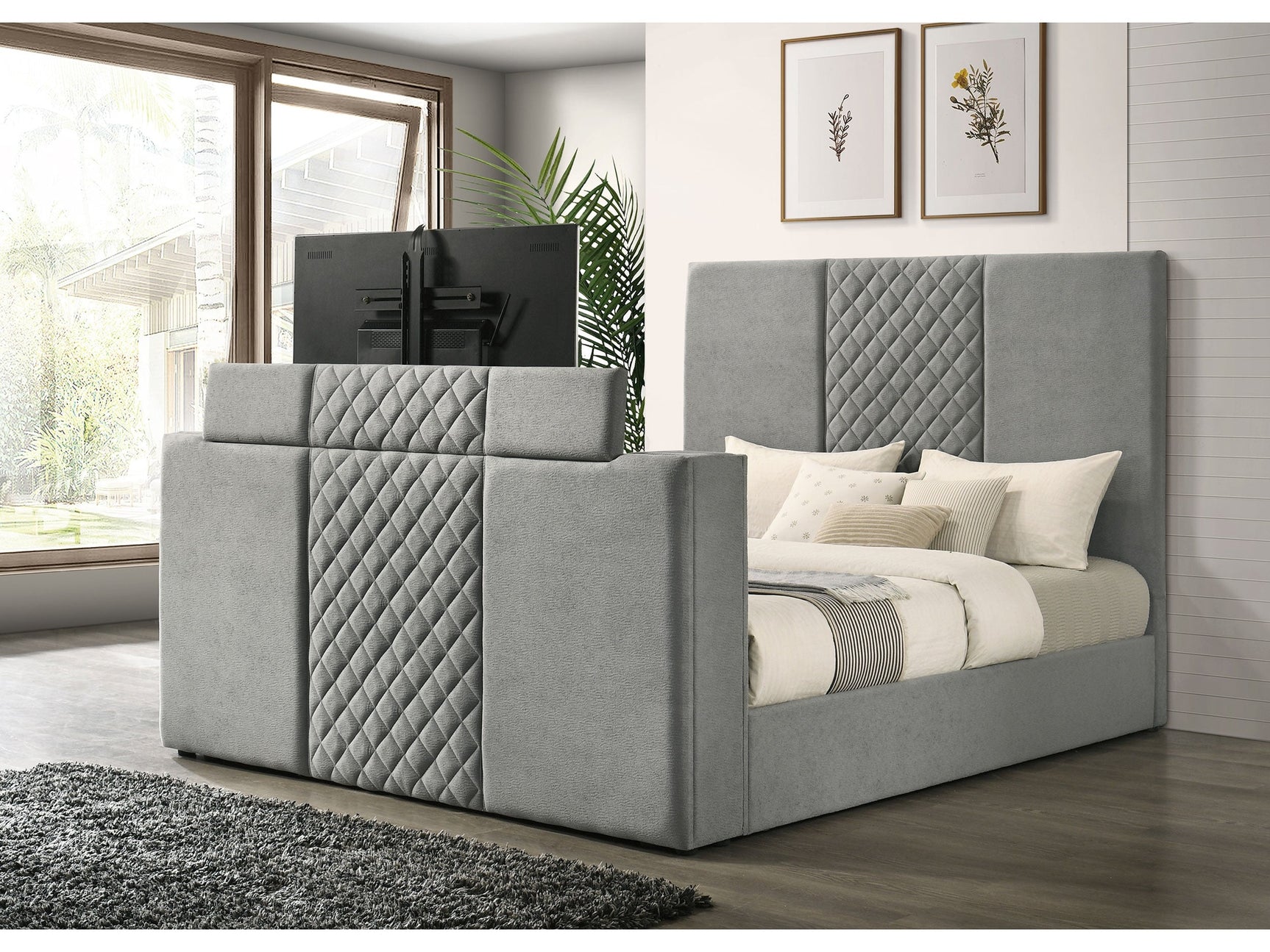 Tara Grey 61-inch Upholstered Eastern King Panel TV Bed - Ornate Home