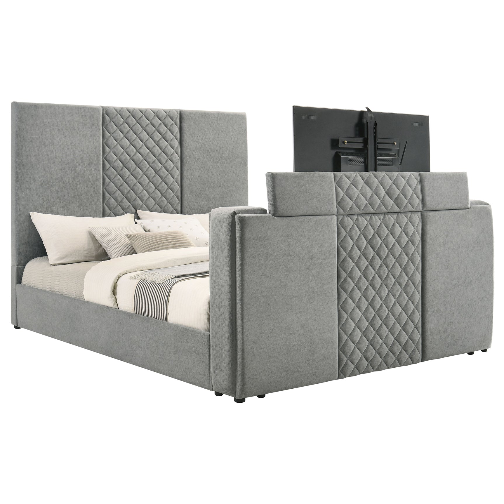 Tara Grey 61-inch Upholstered Eastern King Panel TV Bed - Ornate Home