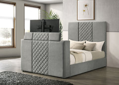 Tara Grey 61-inch Upholstered Queen Panel TV Bed - Ornate Home