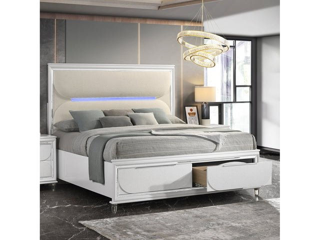 Tarian White Ek Bed W/Led & Storage - Ornate Home