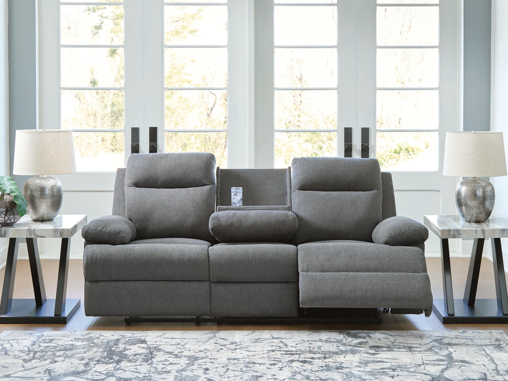 Tarrant Charcoal Reclining Sofa with Drop Down Table (Online Special Price) - Ornate Home