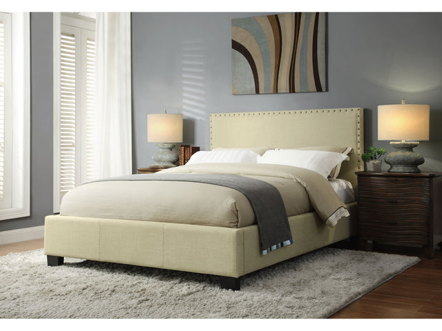 Tavel Nailhead Upholstered Eastern King Platform Bed in Tumbleweed - Ornate Home