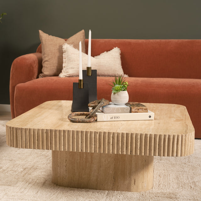 Tavora Beige Ribbed Square Travertine Coffee Table