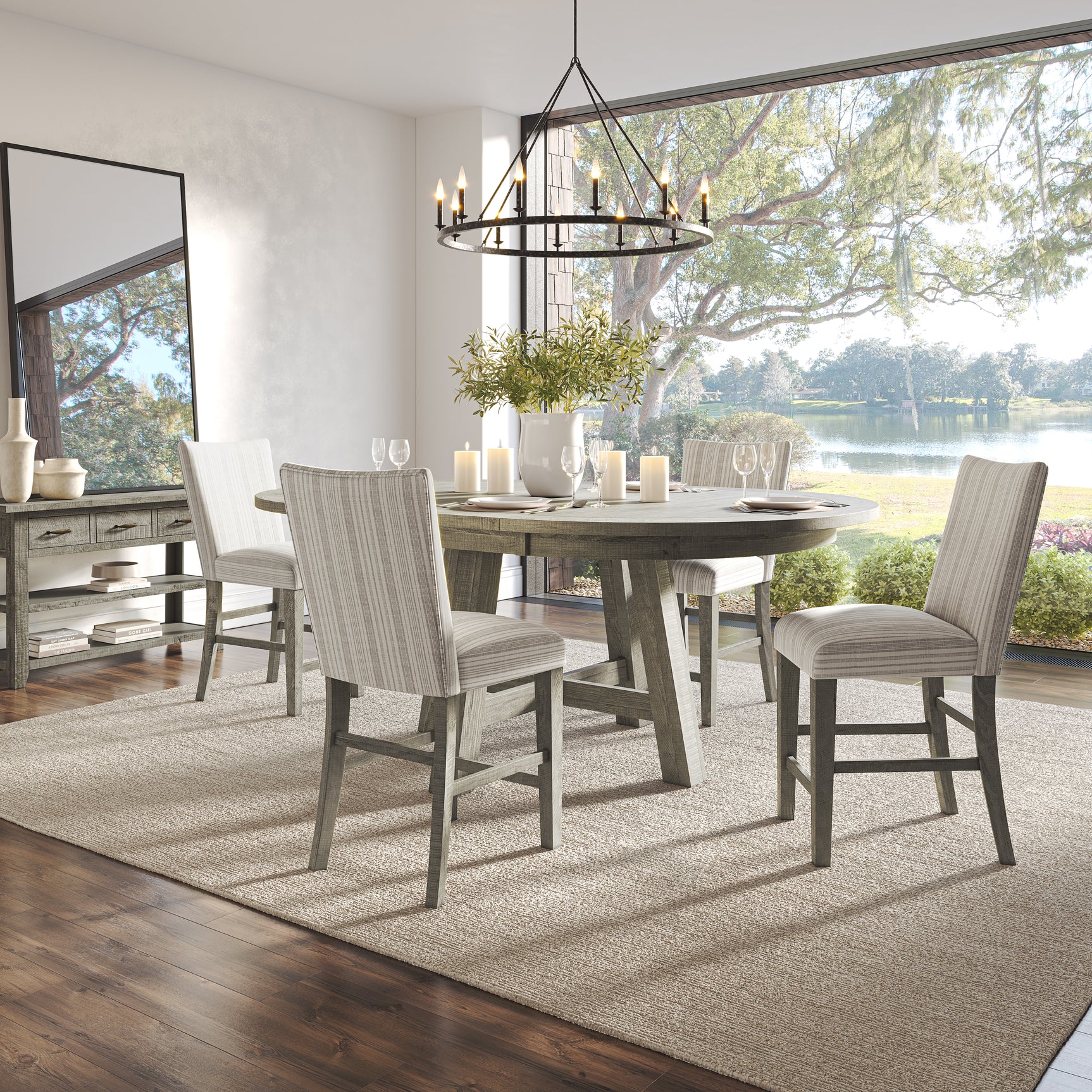 Telluride Driftwood Round Dining Table w/ 4 Uph Chairs - Ornate Home