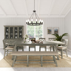 Telluride Driftwood Trestle Counter Dining Table w/ 4 Stools, Bench - Ornate Home