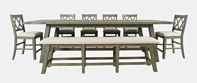Telluride Driftwood Trestle Counter Dining Table w/ 6 Stools, Bench - Ornate Home