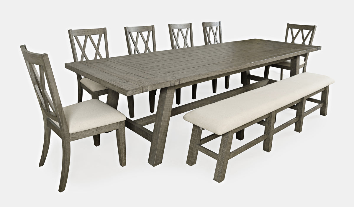 Telluride Driftwood Trestle Counter Dining Table w/ 6 Stools, Bench - Ornate Home