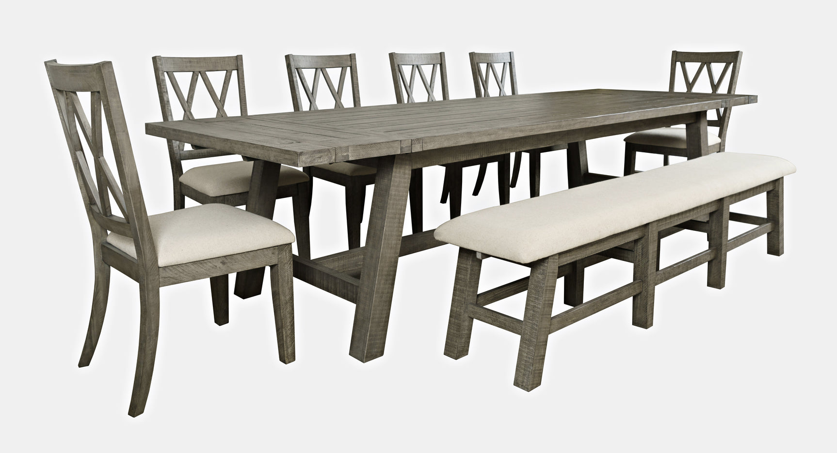 Telluride Driftwood Trestle Dining Table w/ 6 Chairs, Bench - Ornate Home