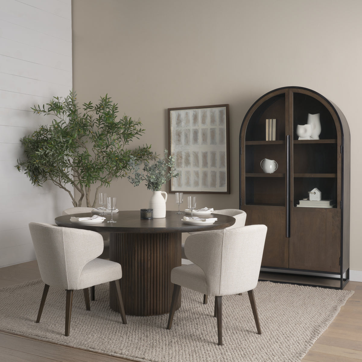 Terra Dark Brown Round Fluted 6-Piece Dining Set with Sloan Cabinet - Ornate Home