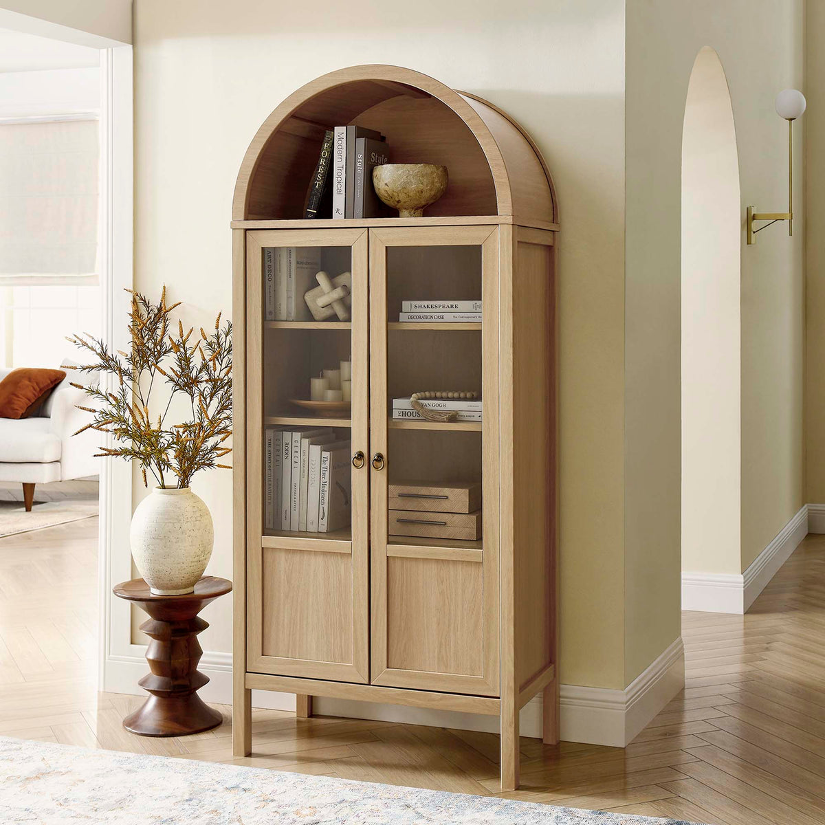 Tessa Oak Tall Arched Storage Display Cabinet - Ornate Home