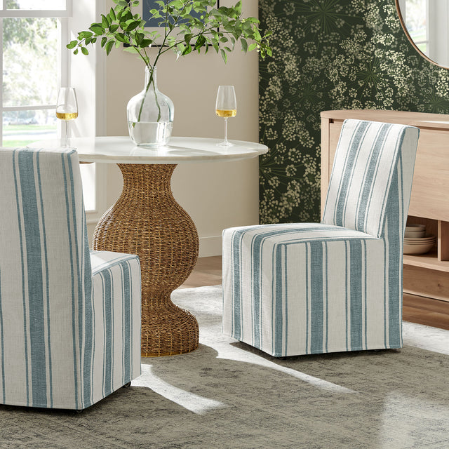 Tessera Blue Stripe Striped Slipcovered Dining Side Chair - Ornate Home