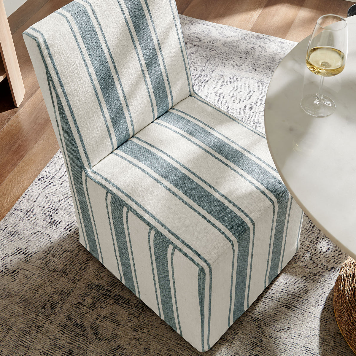 Tessera Blue Stripe Striped Slipcovered Dining Side Chair - Ornate Home