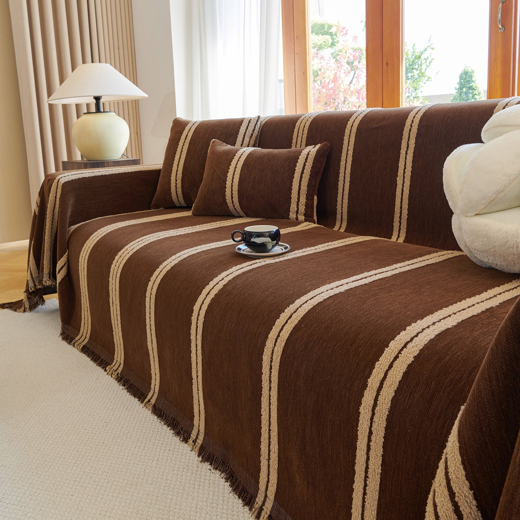 Textural Striped Chenille Sofa Covers, Boho Washable Decor Sofa Blankets Covers - Ornate Home