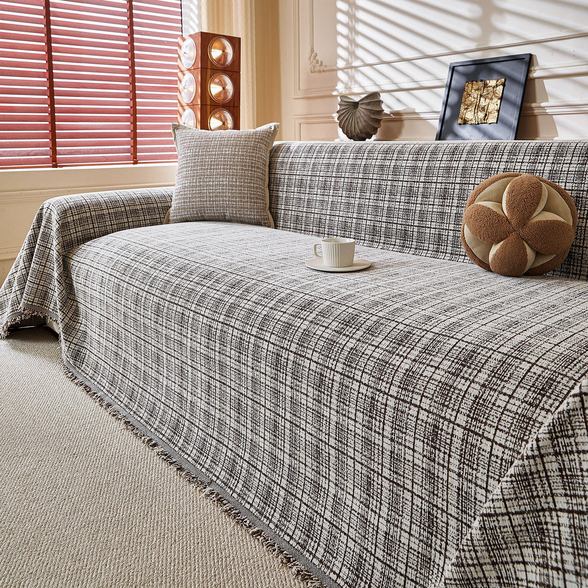 Textured Plaid Couch Throw Cover, Modern Decorative Sectional Furniture Covers - Ornate Home
