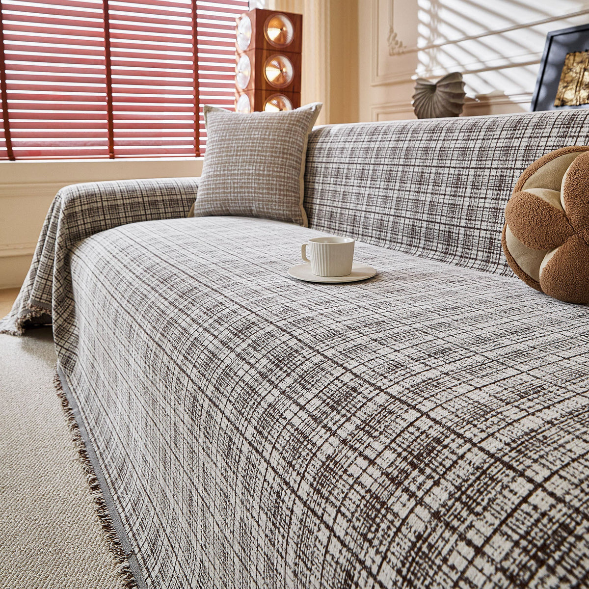 Textured Plaid Couch Throw Cover, Modern Decorative Sectional Furniture Covers - Ornate Home