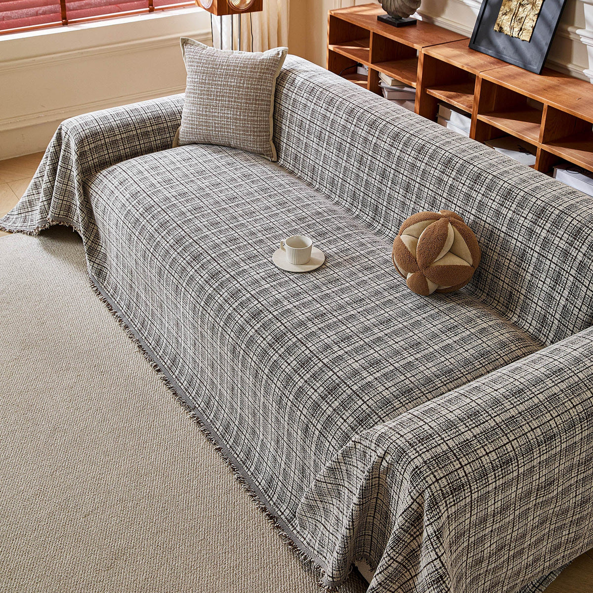Textured Plaid Couch Throw Cover, Modern Decorative Sectional Furniture Covers - Ornate Home