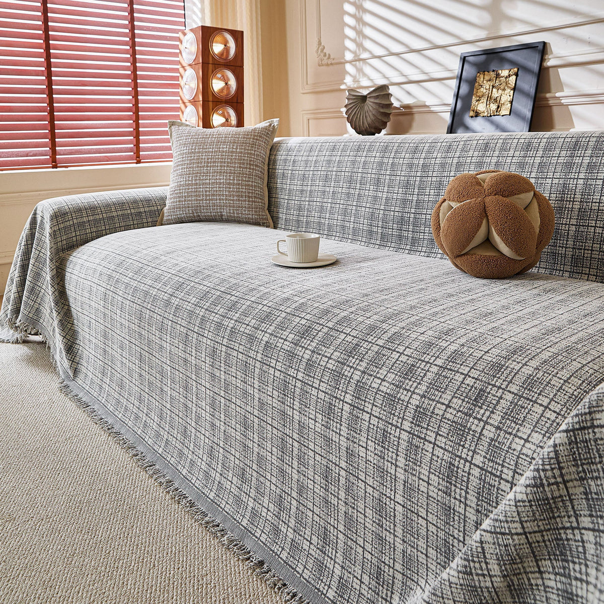 Textured Plaid Couch Throw Cover, Modern Decorative Sectional Furniture Covers - Ornate Home