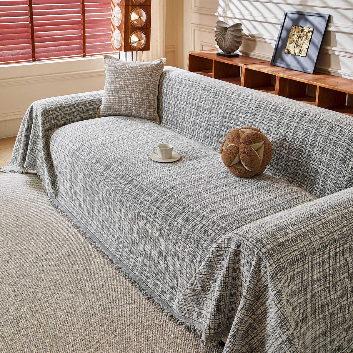 Textured Plaid Couch Throw Cover, Modern Decorative Sectional Furniture Covers - Ornate Home
