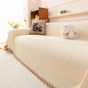 Textured Striped Cozy Couch Cover Throw Blanket with Pom Pom Trim for Sectional Sofa - Ornate Home