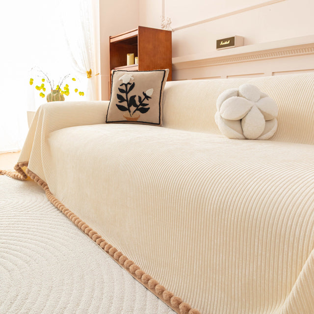 Textured Striped Cozy Couch Cover Throw Blanket with Pom Pom Trim for Sectional Sofa - Ornate Home