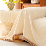 Textured Striped Cozy Couch Cover Throw Blanket with Pom Pom Trim for Sectional Sofa - Ornate Home
