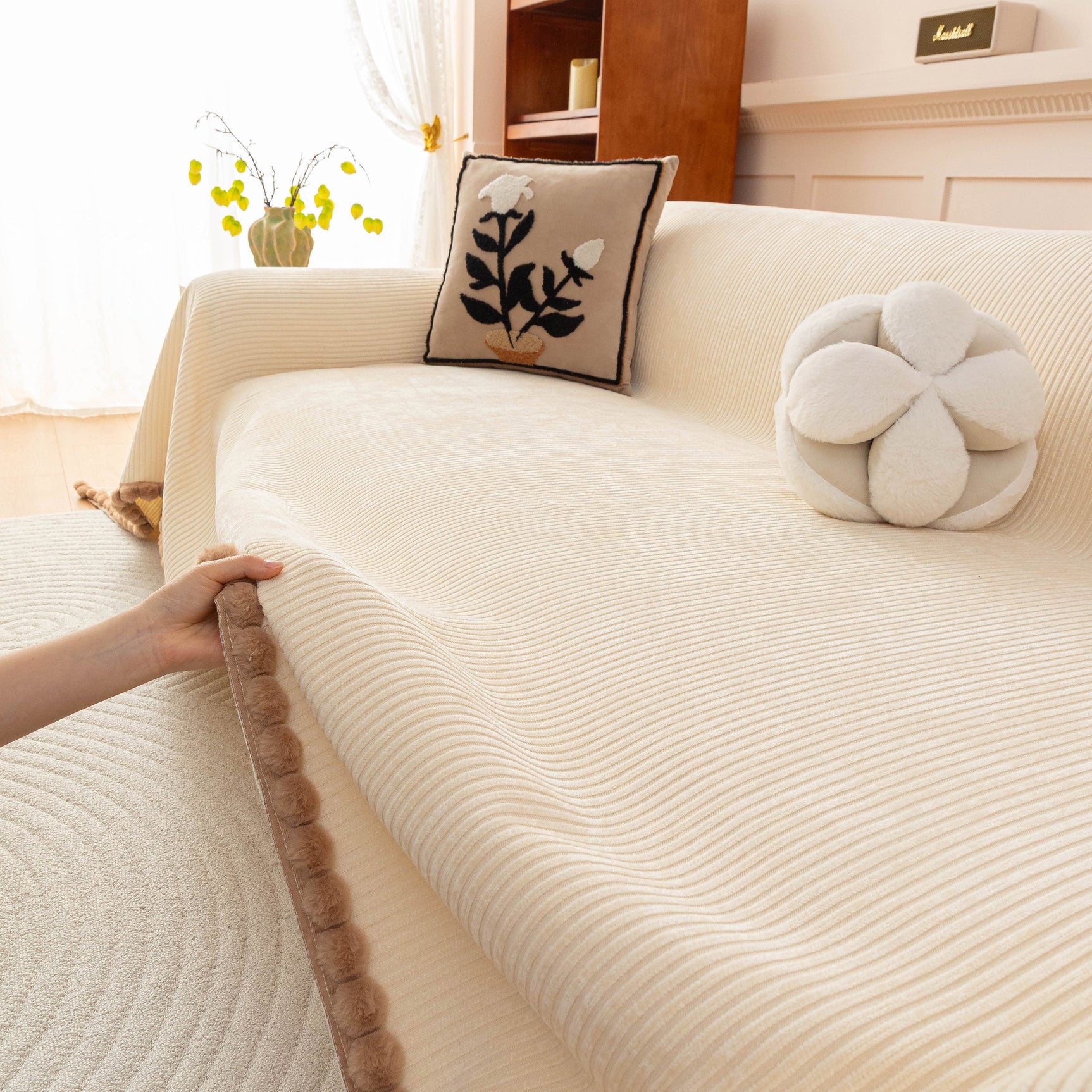 Textured Striped Cozy Couch Cover Throw Blanket with Pom Pom Trim for Sectional Sofa - Ornate Home