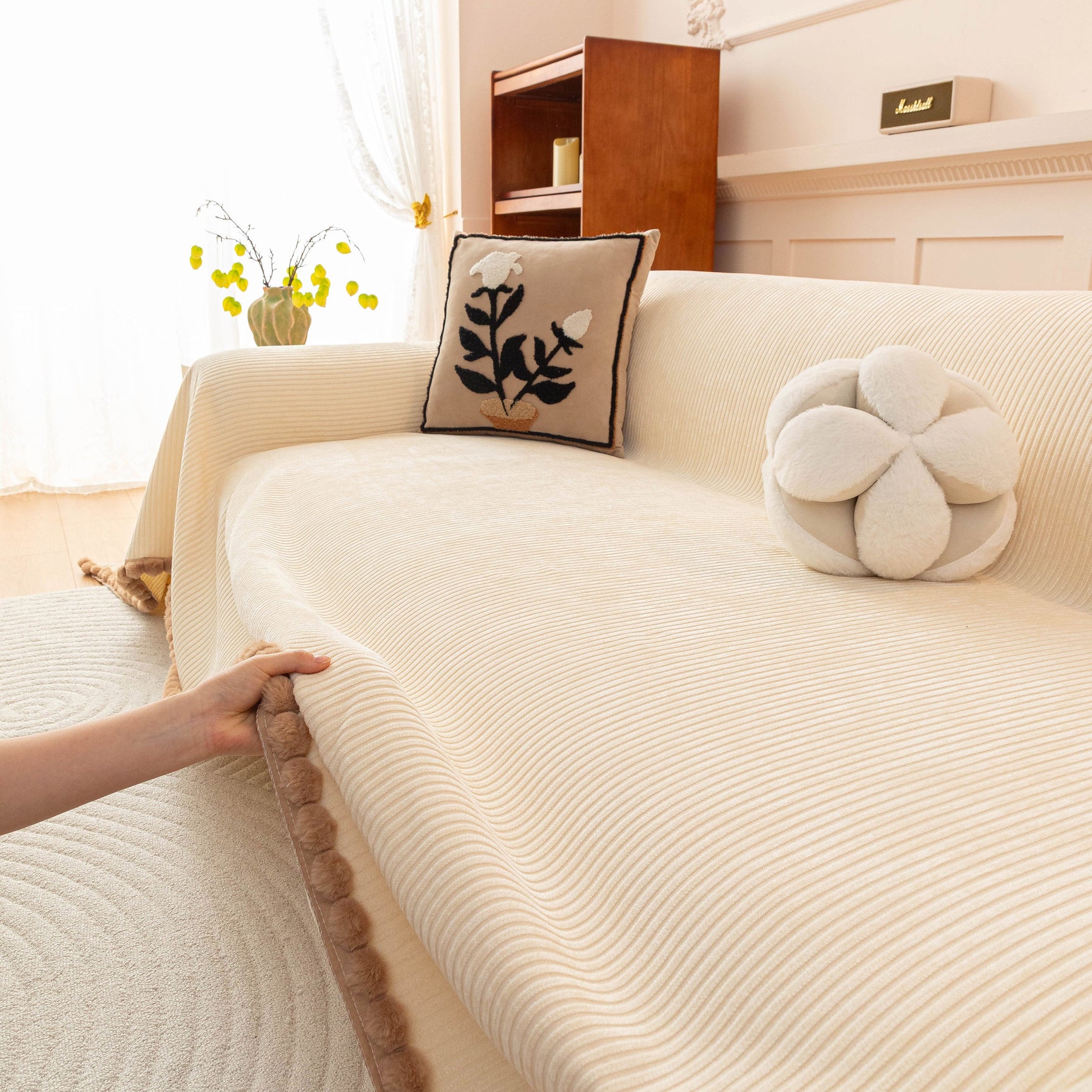 Textured Striped Cozy Couch Cover Throw Blanket with Pom Pom Trim for Sectional Sofa - Ornate Home