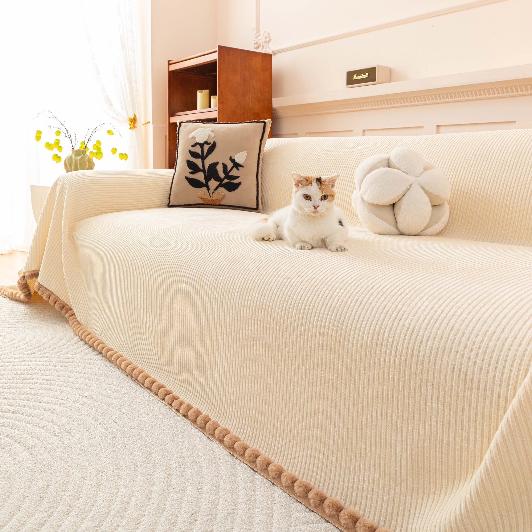 Textured Striped Cozy Couch Cover Throw Blanket with Pom Pom Trim for Sectional Sofa - Ornate Home