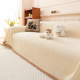 Textured Striped Cozy Couch Cover Throw Blanket with Pom Pom Trim for Sectional Sofa - Ornate Home
