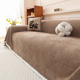 Textured Striped Cozy Couch Cover Throw Blanket with Pom Pom Trim for Sectional Sofa - Ornate Home